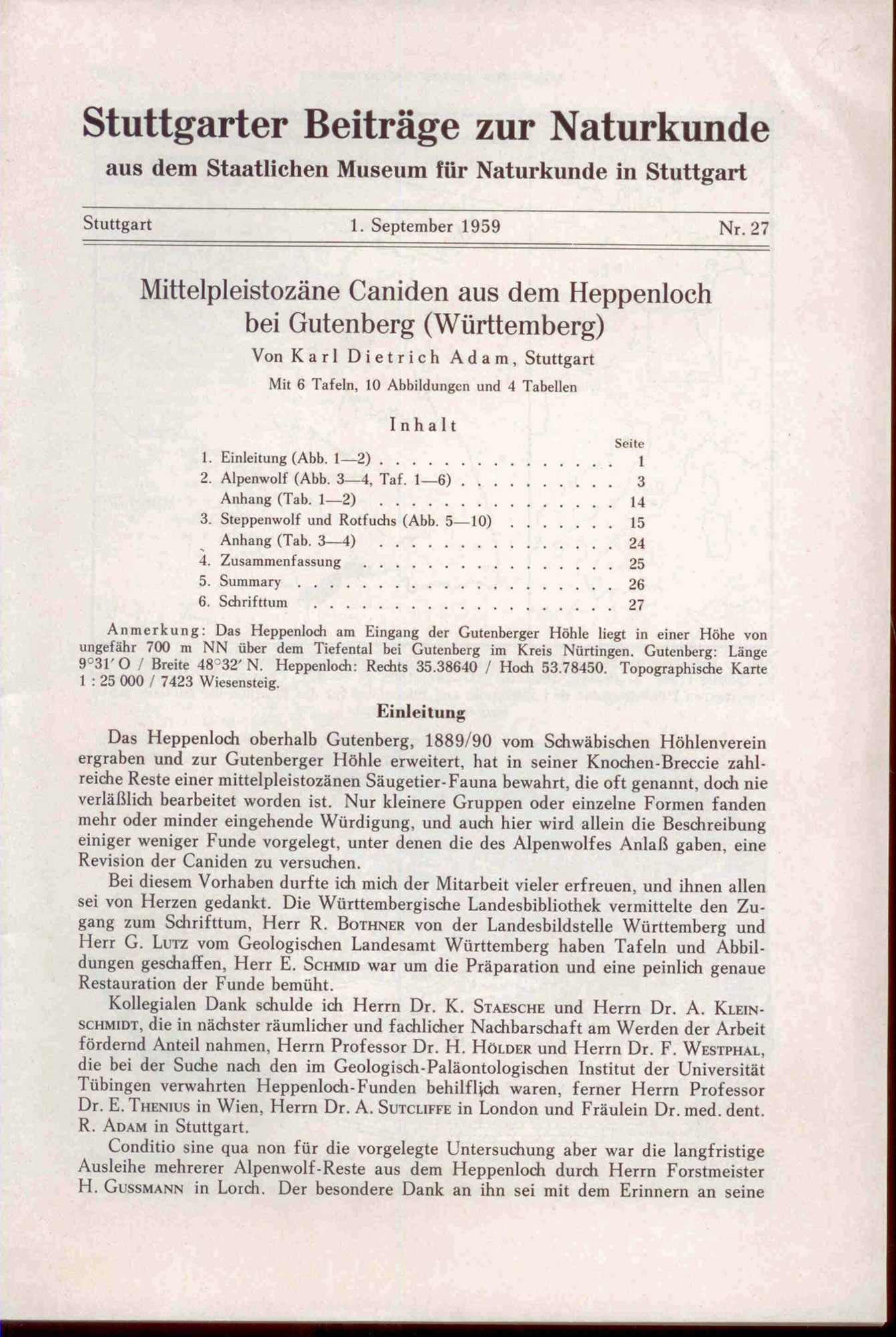 Adam, K. D.: Mittelpleistozäne Caniden aus dem Heppenloch bei Gutenberg (Württemberg).