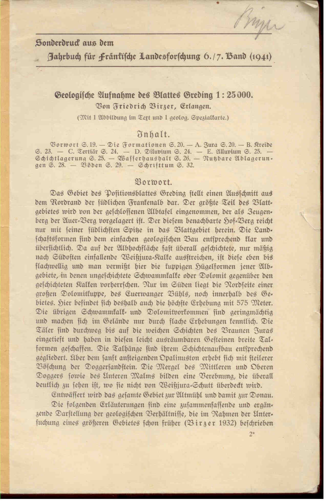 Birzer, F.: Geologische Aufnahme des Blattes Greding 1:25 000
