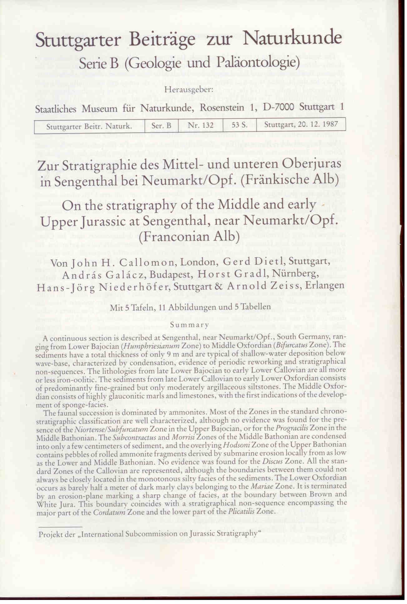 Callomon, J.H.: Zur Stratigraphie des Mittel- und unteren Oberjuras in Sengenthal bei Neumarkt/Opf. (Fränkische Alb).