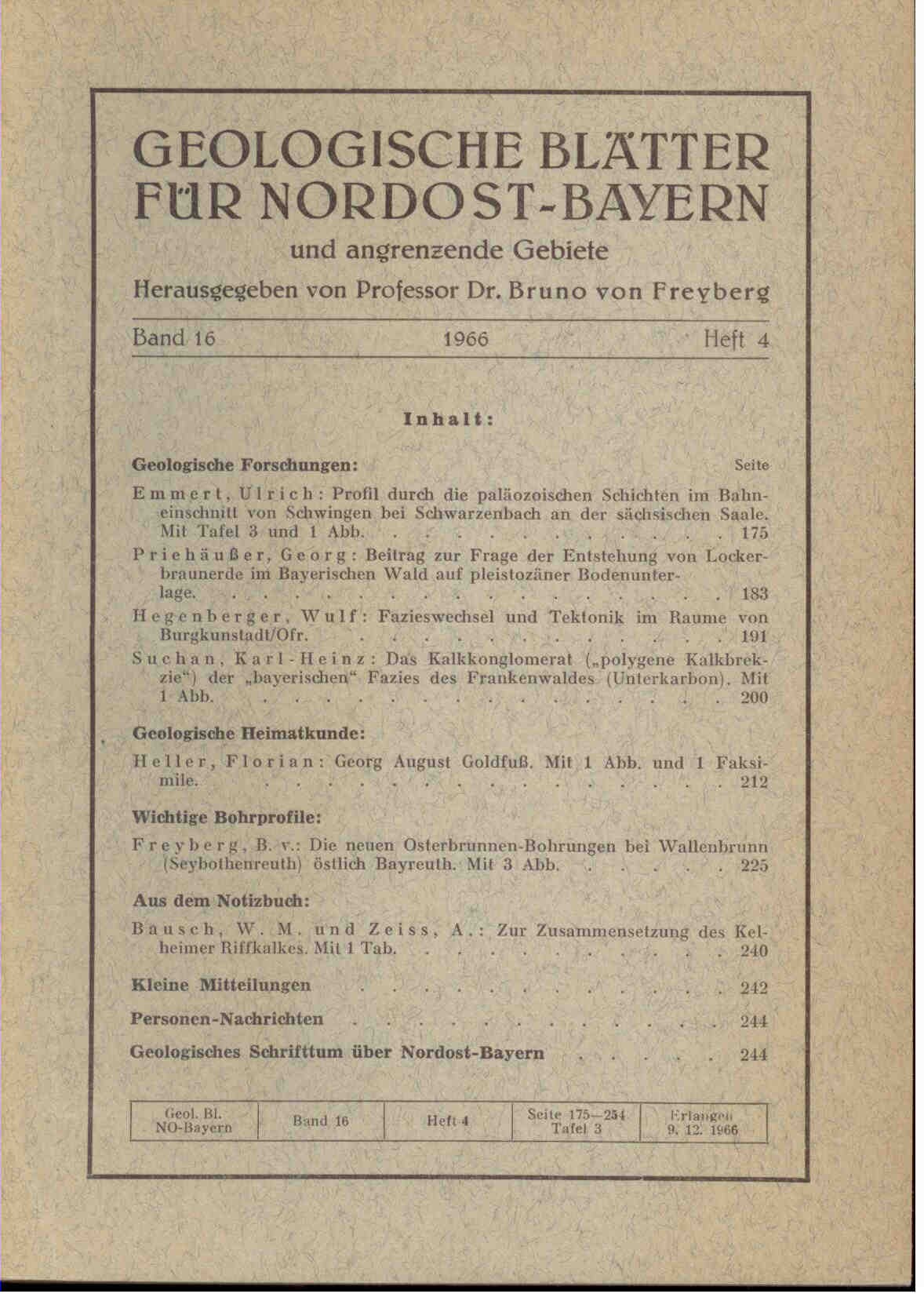 Freyberg, B. von (Hrsg.).: Geologische Blätter für Nordost-Bayern und angrenzende Gebiete. Band 16, 1966, Heft 4