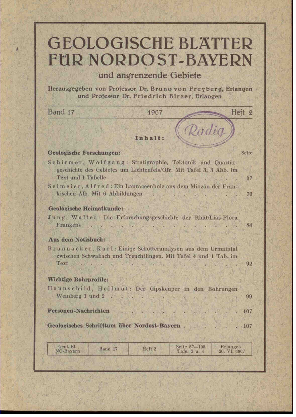 Freyberg, B. von (Hrsg.).: Geologische Blätter für Nordost-Bayern und angrenzende Gebiete. Band 17, 1967, Heft 2
