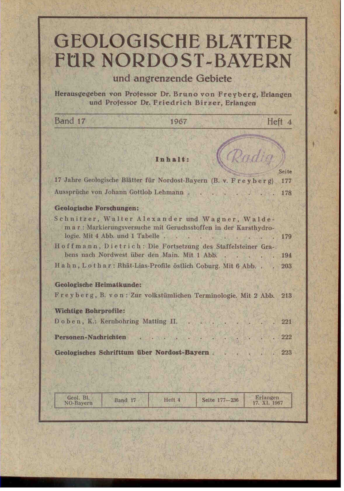 Freyberg, B. von (Hrsg.).: Geologische Blätter für Nordost-Bayern und angrenzende Gebiete. Band 17, 1967, Heft 4