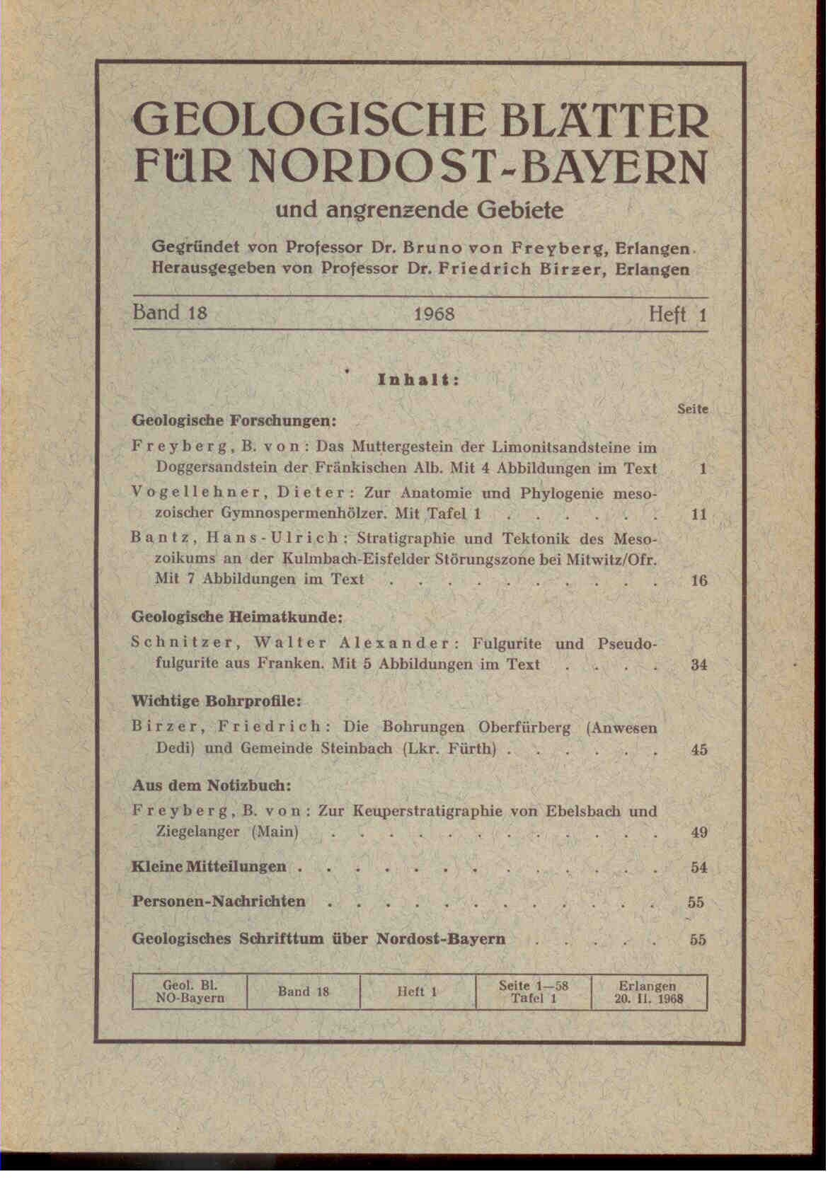 Freyberg, B. von (Hrsg.).: Geologische Blätter für Nordost-Bayern und angrenzende Gebiete. Band 18, 1968, Heft 1