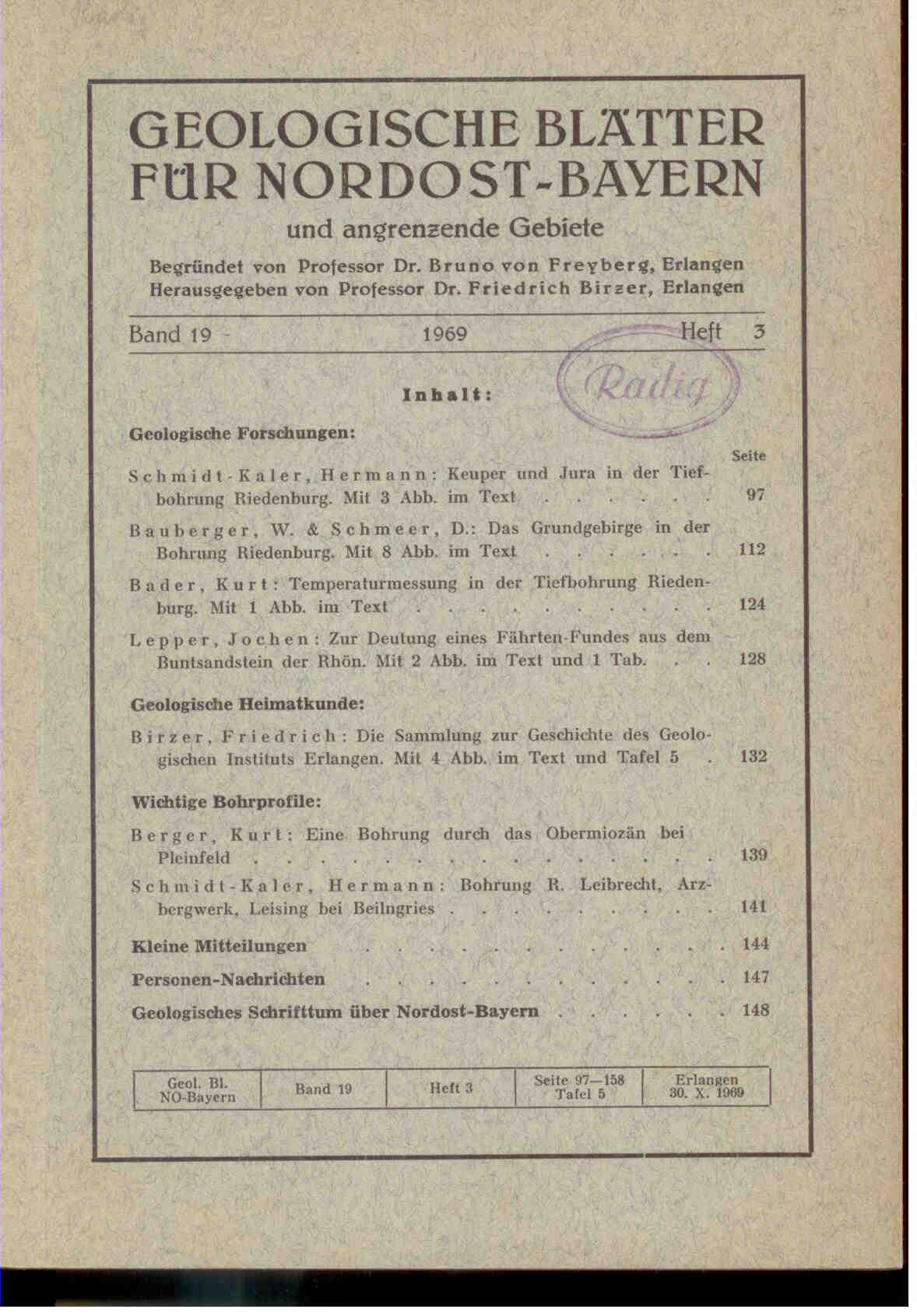 Freyberg, B. von (Hrsg.).: Geologische Blätter für Nordost-Bayern und angrenzende Gebiete. Band 19, 1969, Heft 3