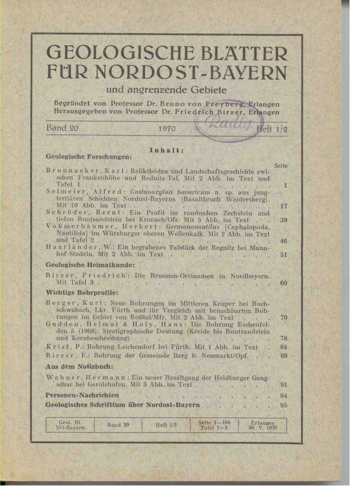 Freyberg, B. von (Hrsg.).: Geologische Blätter für Nordost-Bayern und angrenzende Gebiete. Band 20, 1970, Heft 1/2