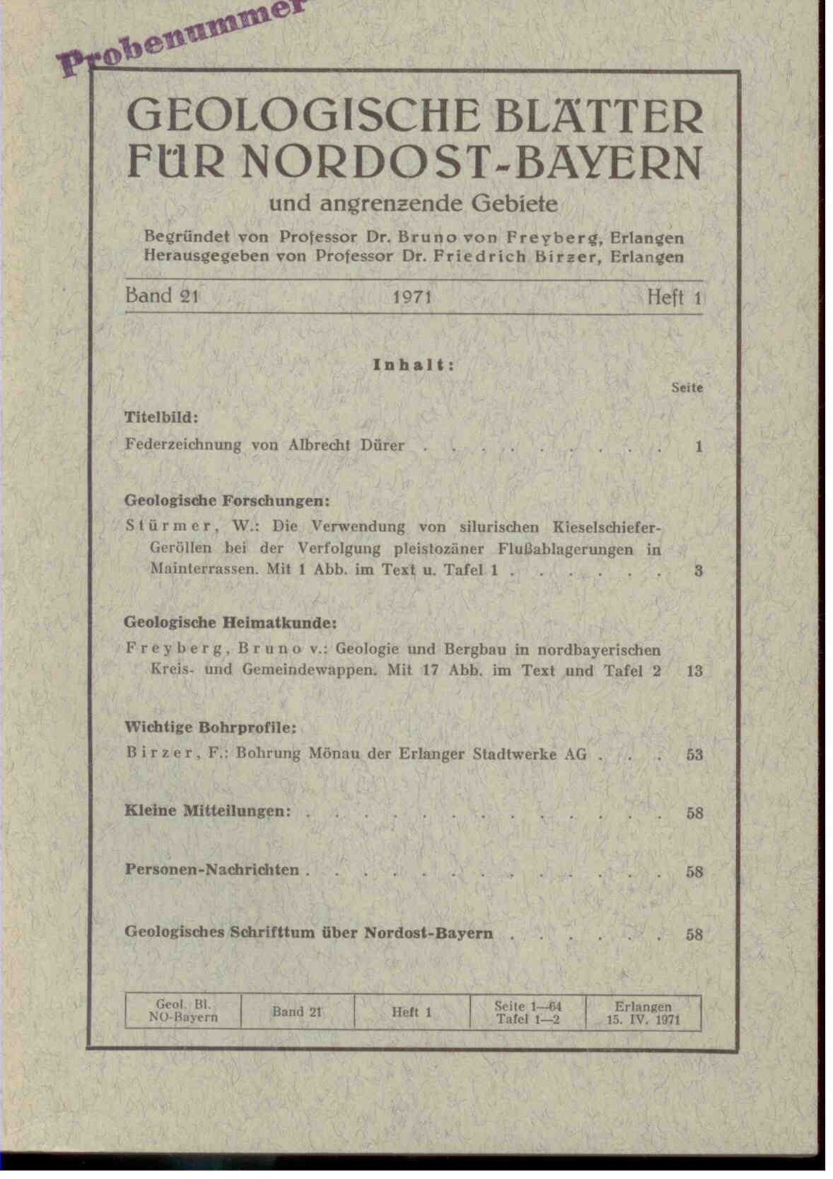 Freyberg, B. von (Hrsg.).: Geologische Blätter für Nordost-Bayern und angrenzende Gebiete. Band 21, 1971, Heft 1