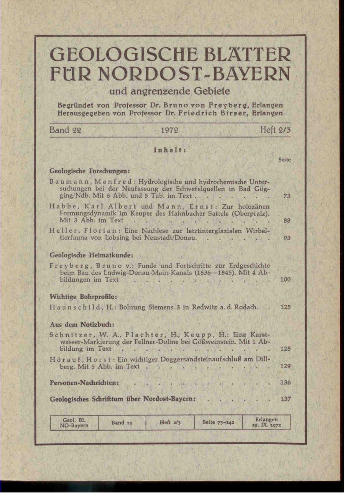Freyberg, B. von (Hrsg.).: Geologische Blätter für Nordost-Bayern und angrenzende Gebiete. Band 22, 1972, Heft 2/3