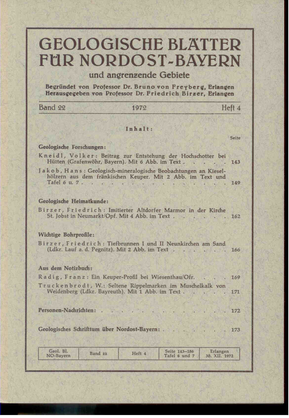 Freyberg, B. von (Hrsg.).: Geologische Blätter für Nordost-Bayern und angrenzende Gebiete. Band 22, 1972, Heft 4