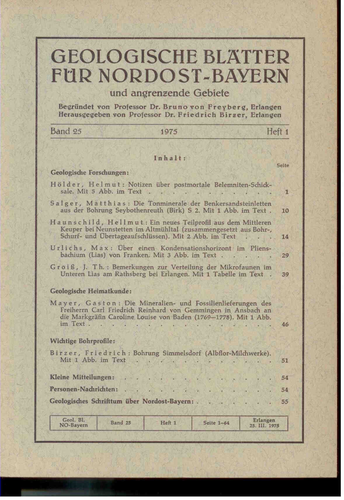 Freyberg, B. von (Hrsg.).: Geologische Blätter für Nordost-Bayern und angrenzende Gebiete. Band 25, 1975, Heft 1