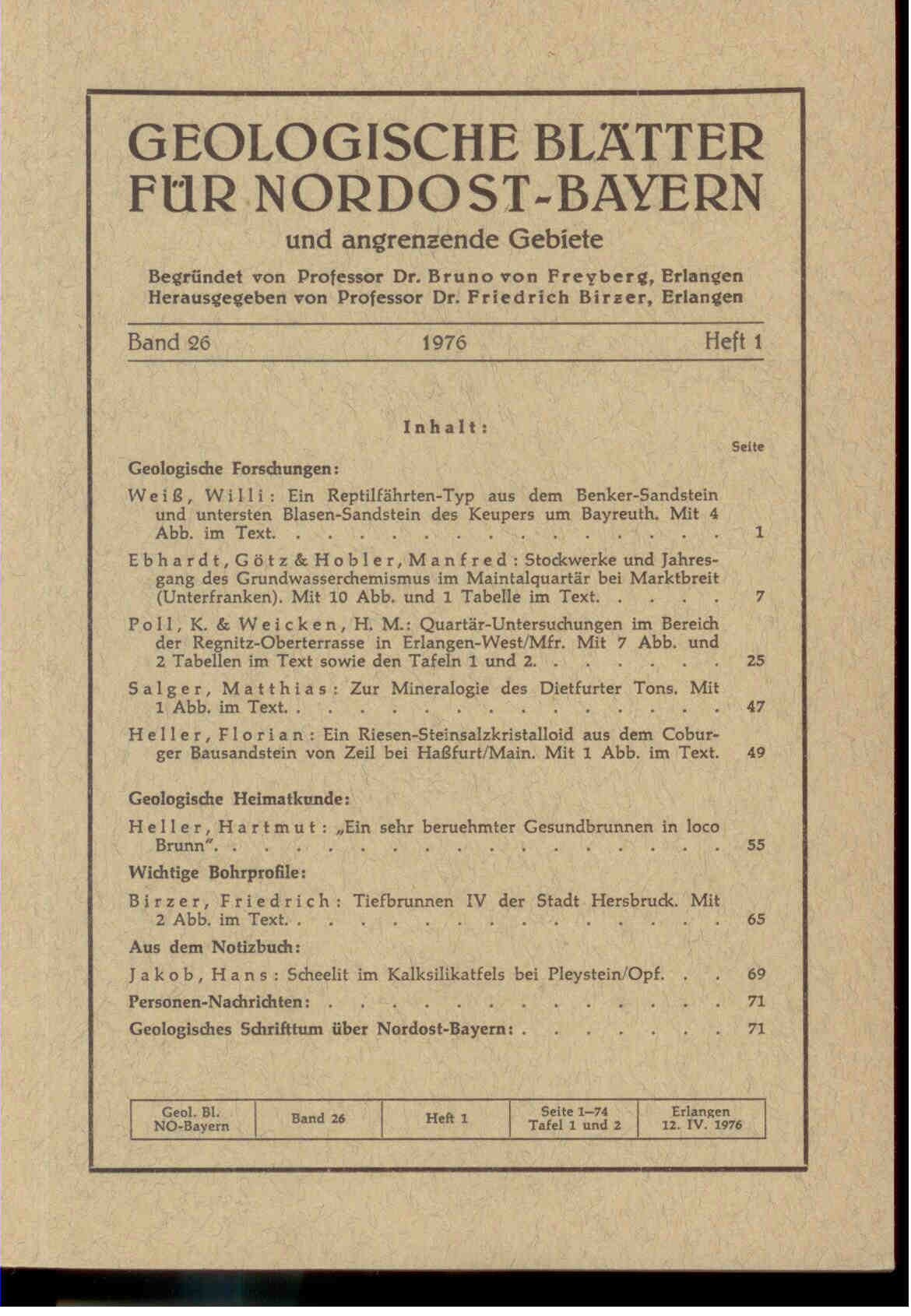 Freyberg, B. von (Hrsg.).: Geologische Blätter für Nordost-Bayern und angrenzende Gebiete. Band 26, 1976, Heft 1