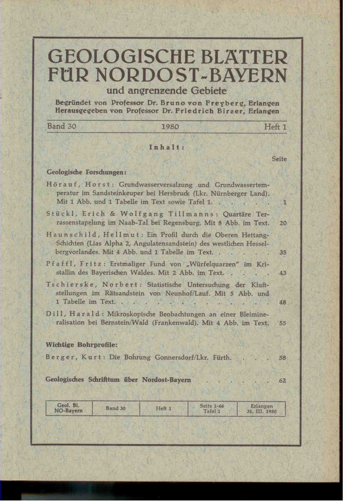 Freyberg, B. von (Hrsg.).: Geologische Blätter für Nordost-Bayern und angrenzende Gebiete. Band 30, 1980, Heft 1