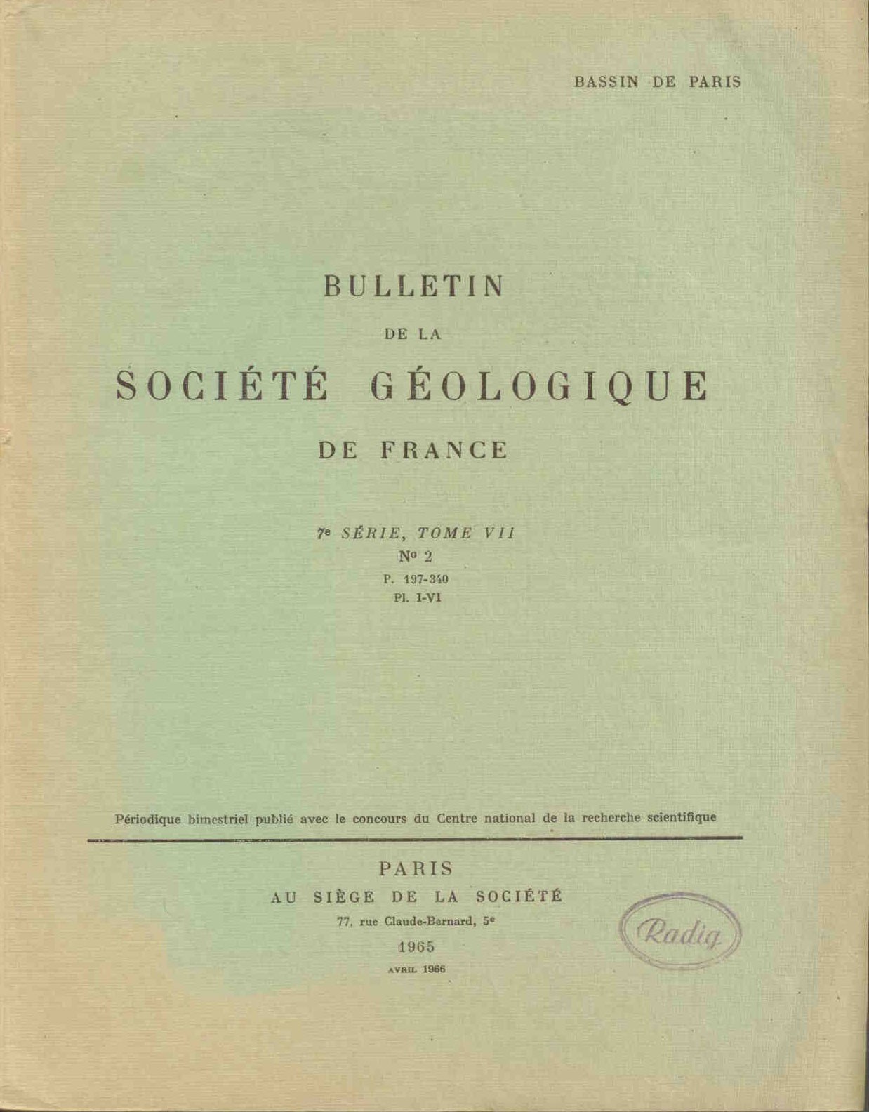 Collectif: Bulletin de la Societe Geologique de France. 7e serie, tome VII.