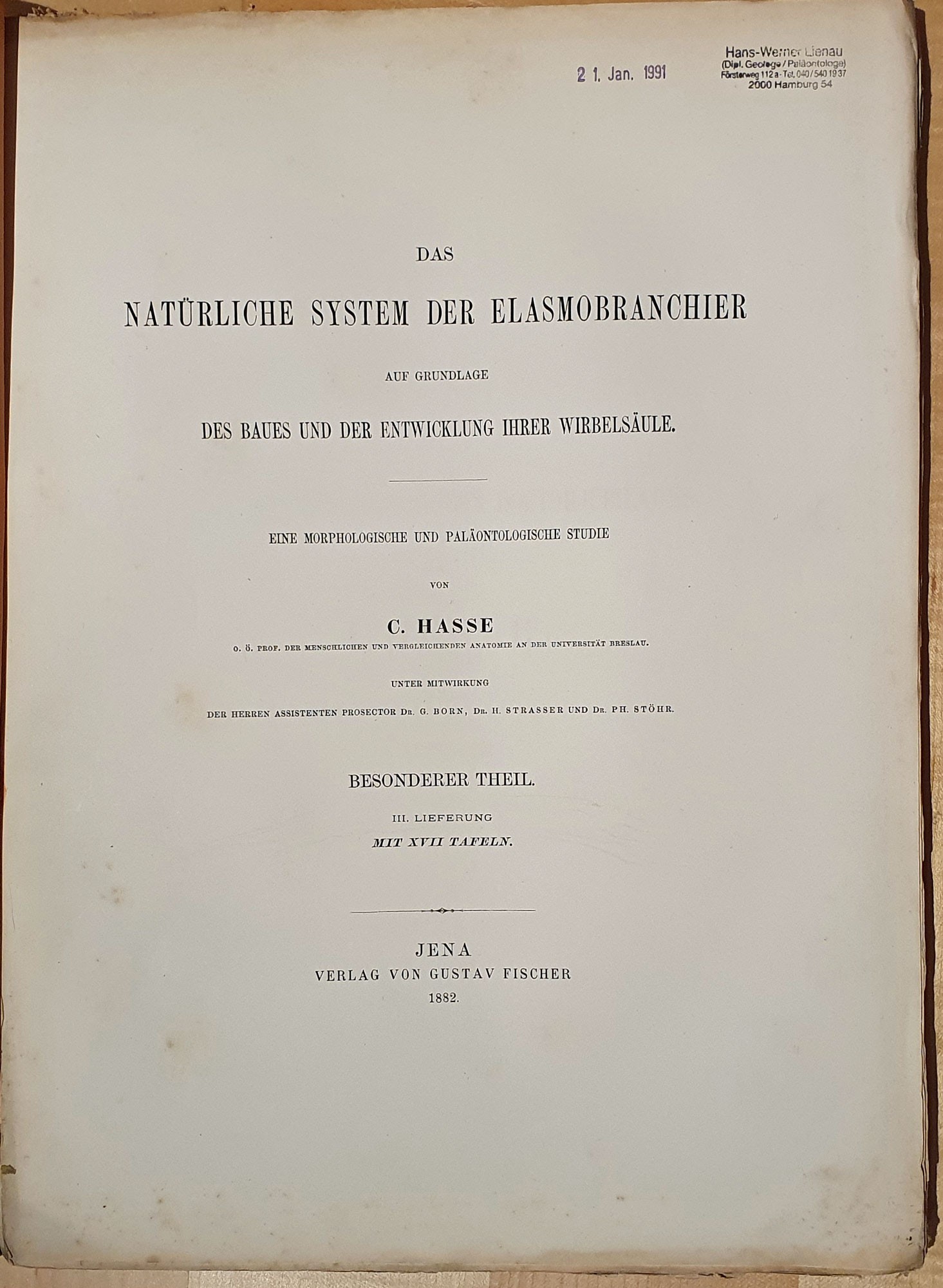 Hasse, C.: Das natürliche System der Elasmobranchier auf Grundlage des Baues und der Entwicklung Ihrer Wirbelsäule.