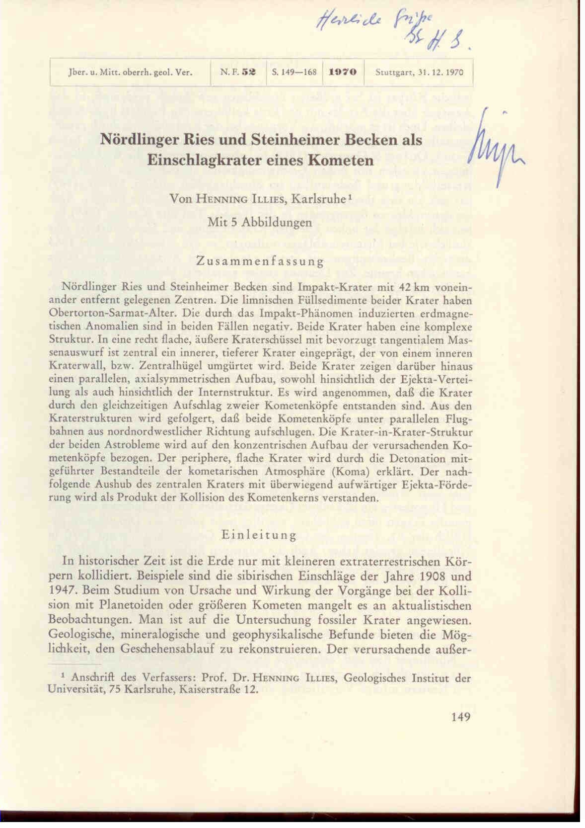 Illies, J. H.: Nördlinger Ries und Steinheimer Becken als Einschlagkrater eines Kometen. 