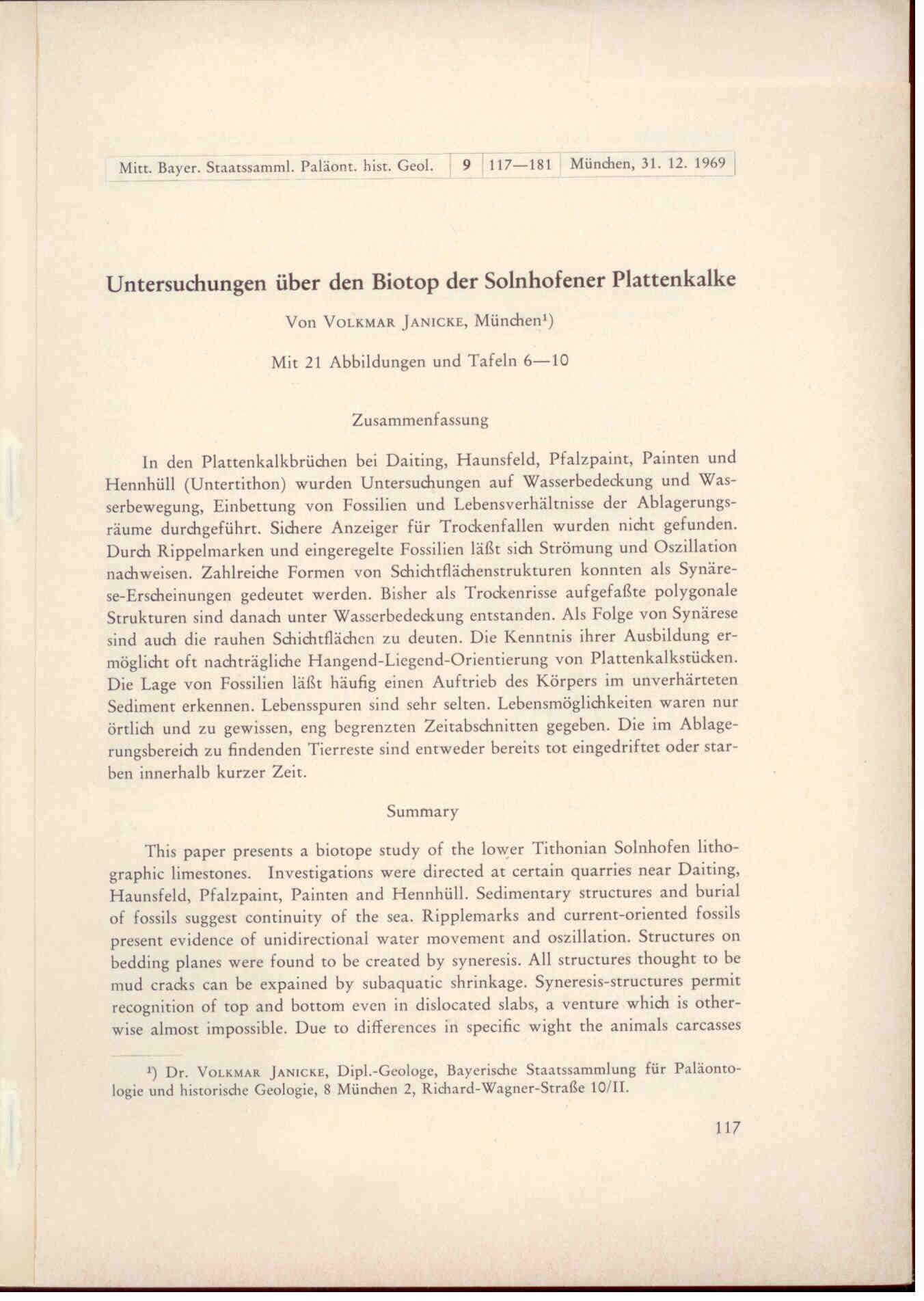 Janicke, V.: Untersuchungen über den Biotop der Solnhofener Plattenkalke. 