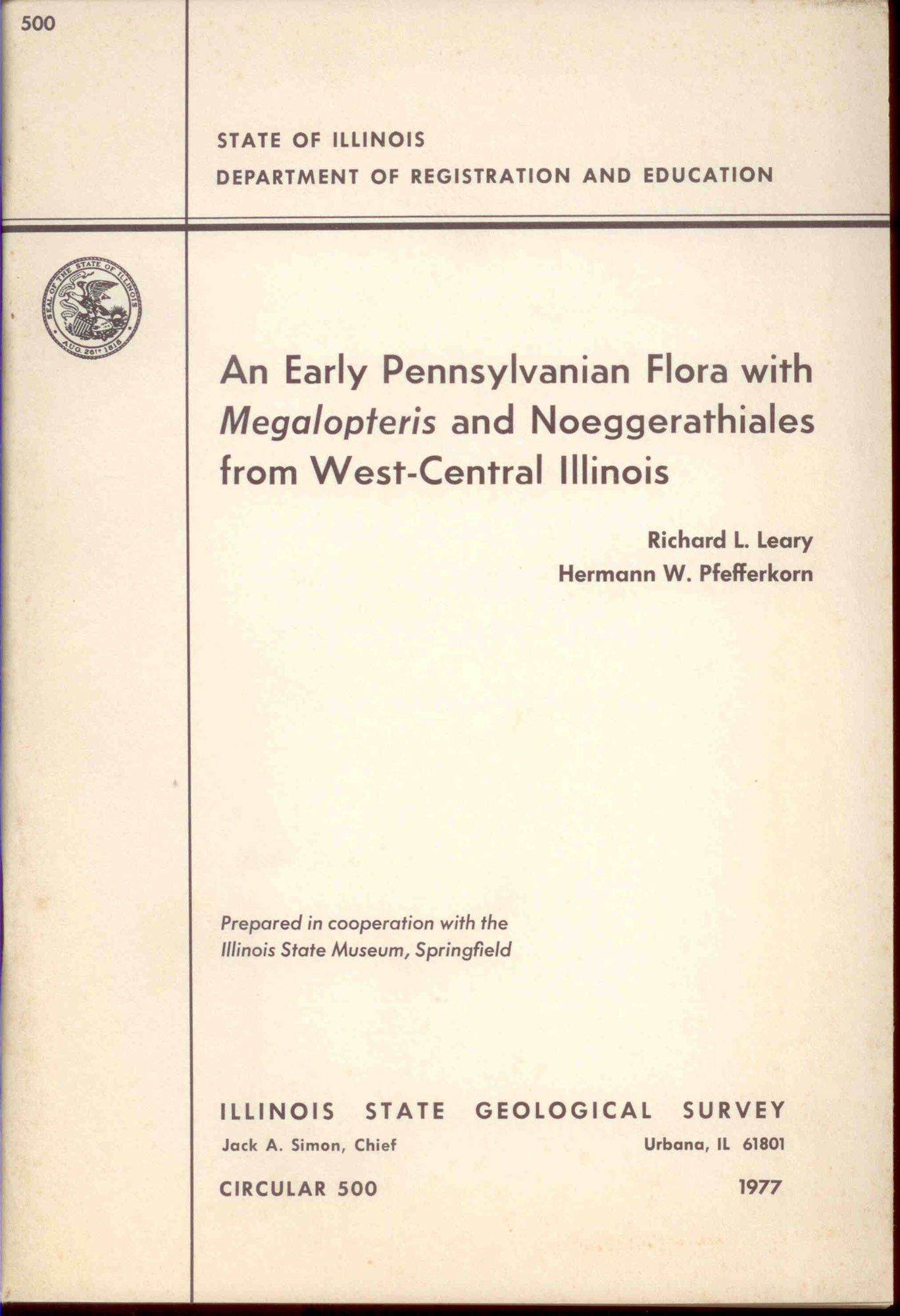 Leary R. L., Pfefferkorn, H. W.: An Early Pennsylvanian Flora with Megalopteris and Noeggerathiales from West-Central Illinois. 