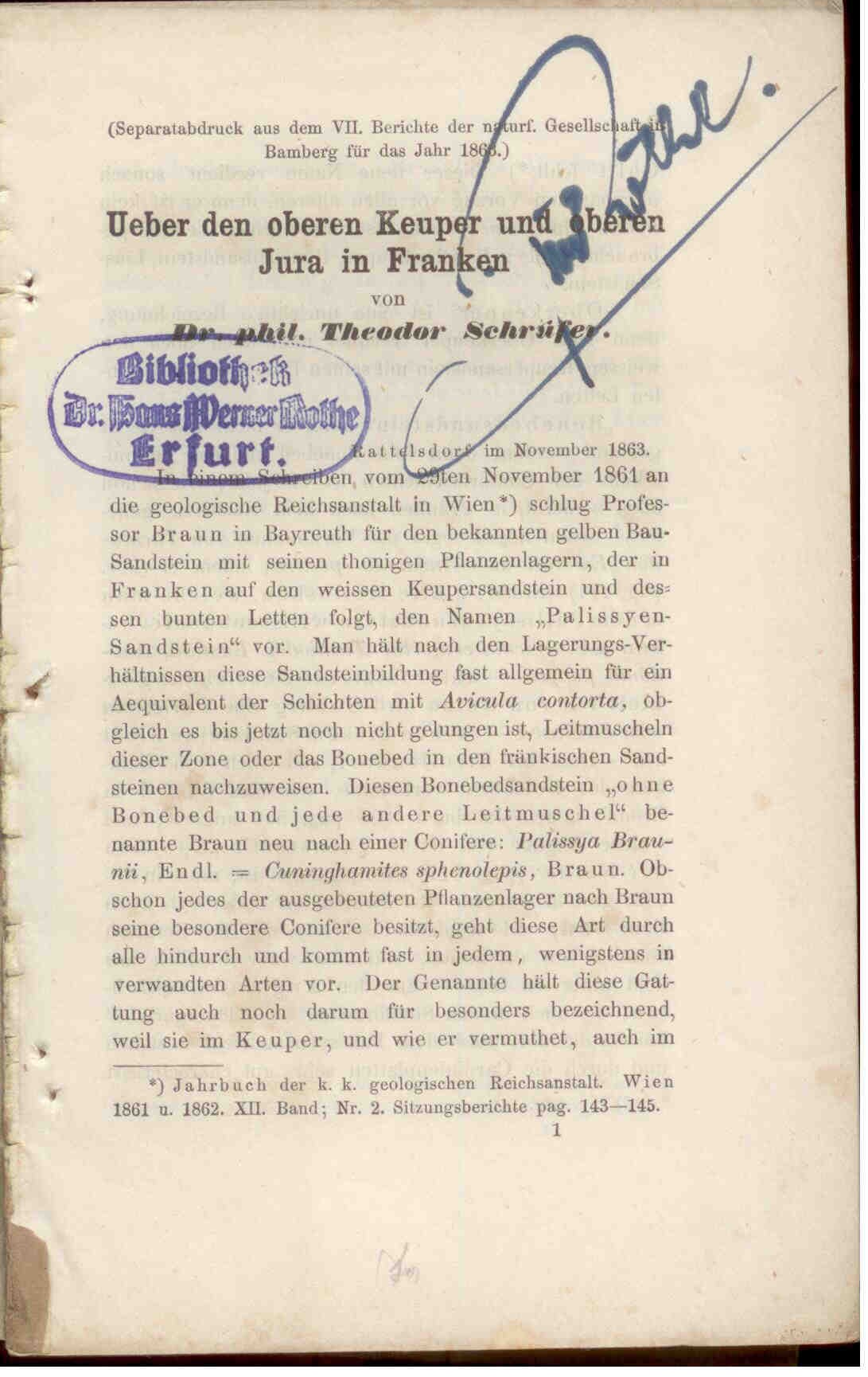 Schrüfer, T.: Ueber den oberen Keuper und oberen Jura in Franken.